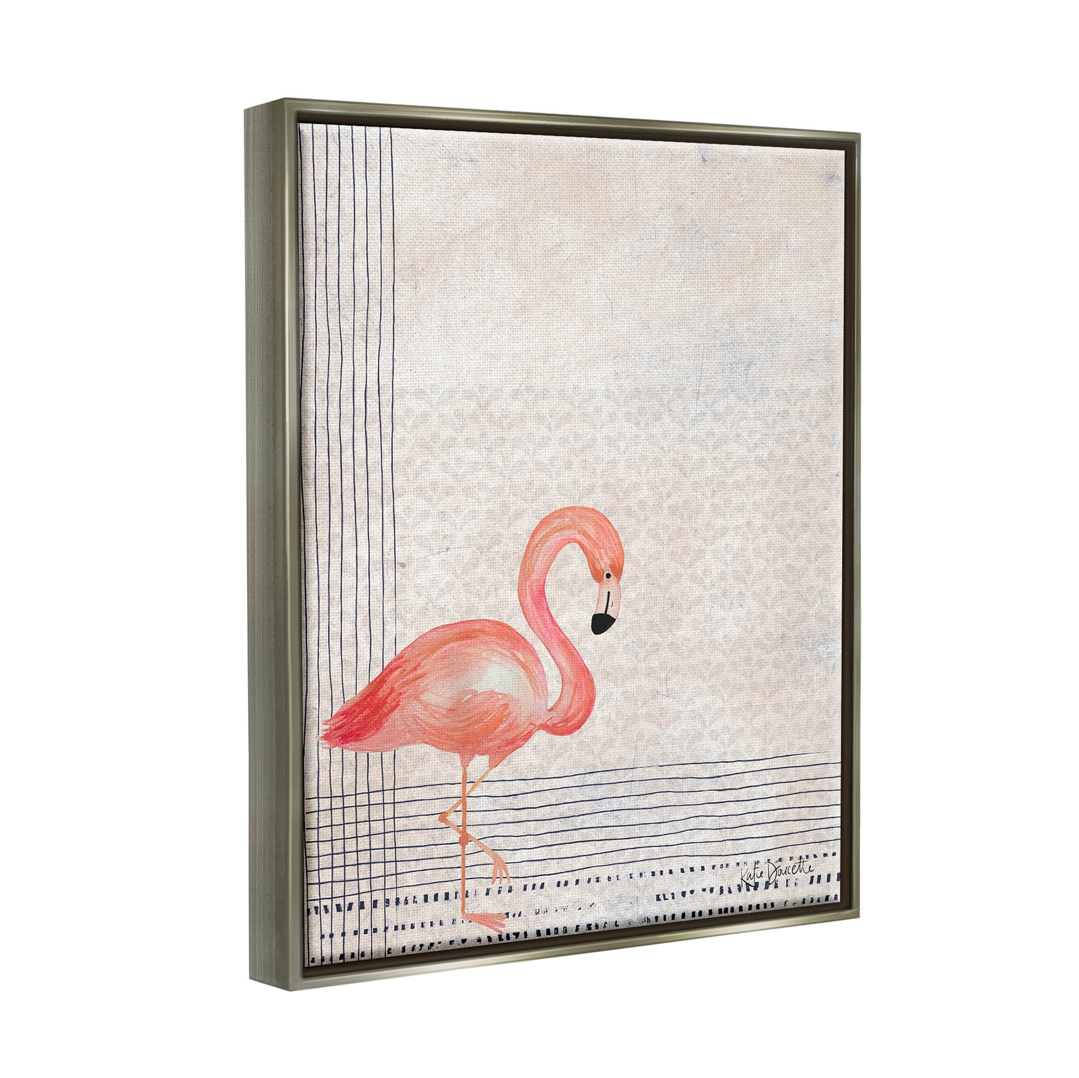 Stupell Industries Patterned Flamingo Bird Layered Stripes Graphic Art Luster Gray Floating Framed Canvas Print Wall Art, Design by Katie Doucette