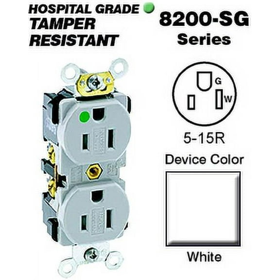 Leviton 8200-SGW Duplex Receptacle Tamper-Resistant Hospital Grade 5-15R 15A 125V BandS 8 Hole Feed-Thru Wired - White