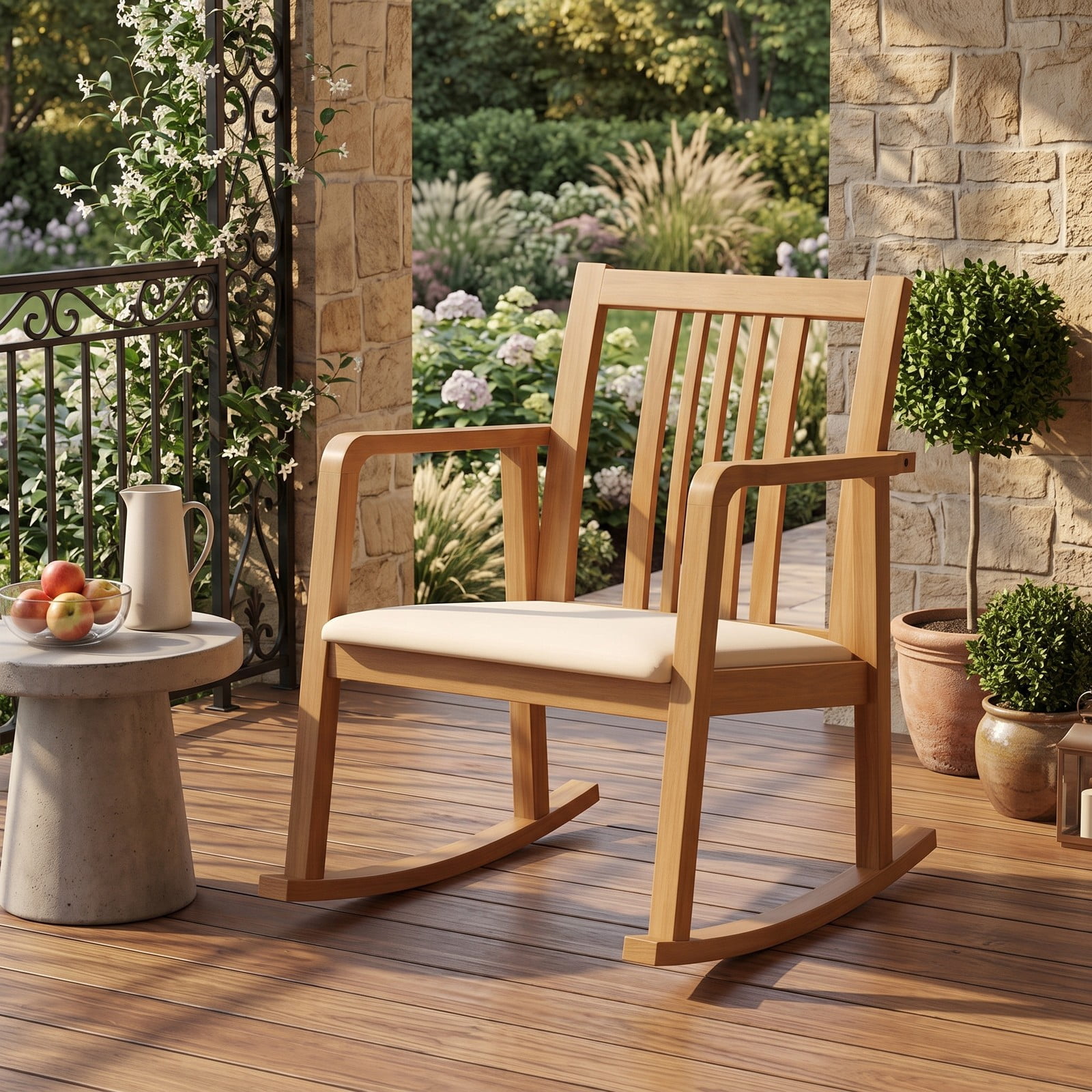 Furnibear Rocking Chair with Slatted Back, Curved Armrests and Soft Padded Fabric Seat for Living Room, Bedroom and Nursery, Natural