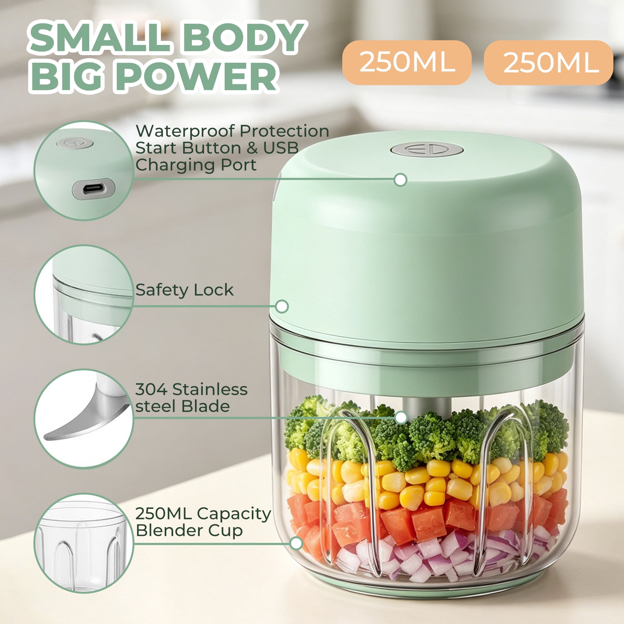 M Buder Electric Garlic Chopper ,250ml USB Charging Food Processor, Mini Vegetable Chopper for Ginger, Chili, Fruit, Meat , 304 Stainless Steel Blades