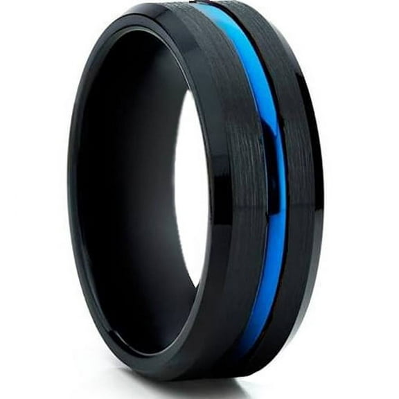 Tungsten Wedding Band Ring 8mm Men's Engagement Black Brushed & Blue Groove