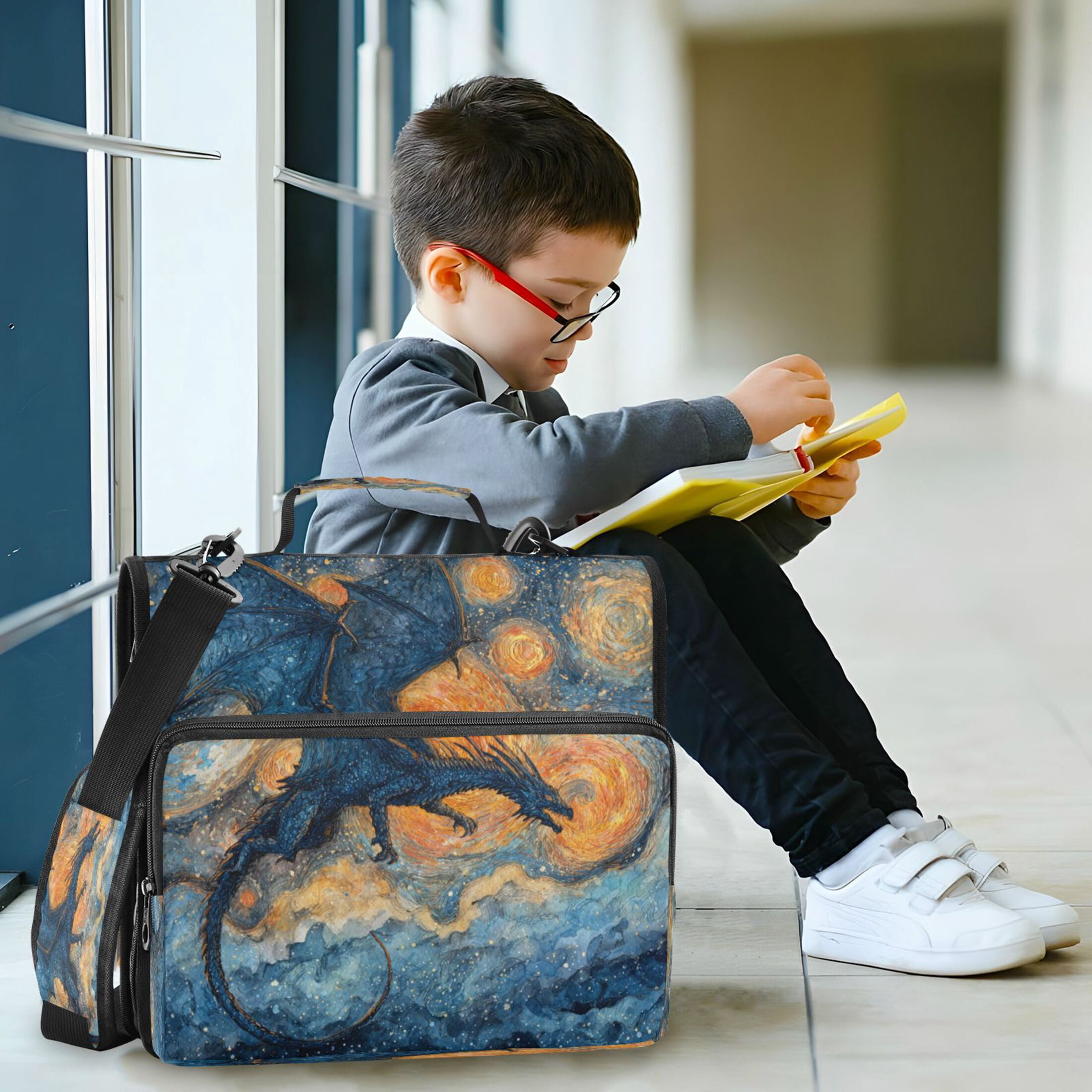 Zipper Binder 3 Rings Stationery Office Files Daily Organizer File Folder Storage Bag Angry Blue Dragon