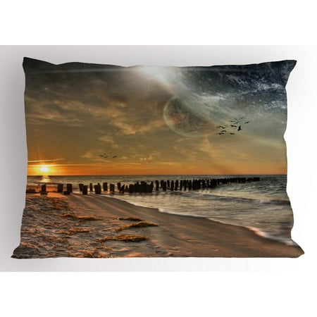 Space Pillow Sham Magical Solar Eclipse on Beach Ocean with Horizon Sun Moon Globe Gulls Flying View, Decorative Standard Size Printed Pillowcase, 26 X 20 Inches, Cream Orange, by
