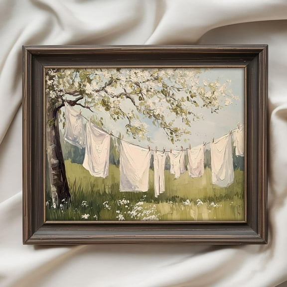 Cottagecore Clothesline Print | Rustic Laundry Room Wall Art | Vintage Spring Landscape, Matte Canvas Stretched, Posters for Room Bedroom Living Room Bathroom Wall Decor, Posters & Art Prints, Gift.