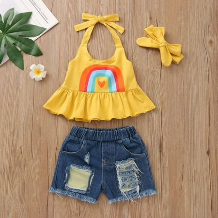 

Leutsin Baby Boys Short-Sleeve Bodysuit Toddler Summer Clothes Stylish Girl s Ruffle Halterneck Top Denim Shorts Suit