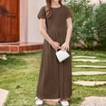 thumbnail image 4 of Mevxay Girls Pleated Maxi Dress Solid Color Short Sleeve 2025 Summer Long Dresses with Pockets for 6-15 Years Brown, 4 of 8