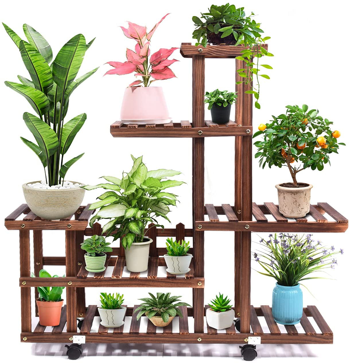 5 Tier Carbonized Plant Shelf Freestanding Flower Pot Holder Plant Display Rack for Indoor Outdoor Patio Garden Balcony Yard Living Room Wood Plant Stand