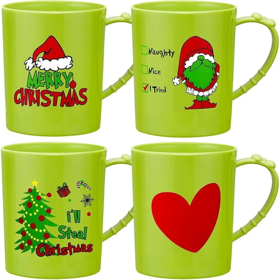 4 Pcs Christmas Plastic Mugs Bulk Lime Green Xmas Cups 15 oz with Handle I'll Steal Christmas Cups Santa Xmas Trees Holiday Mugs for Winter Party Supplies
