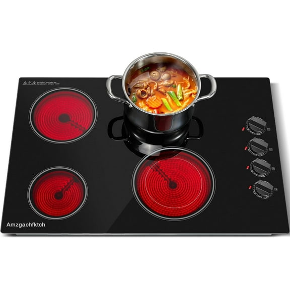 30 Inch Electric Cooktop 4 Burners Built-in Ceramic Cooktop, 30" Radiant Electric Stove Top with Knob Control, Hot Surface Indicator, 6700W, 220-240V Hard Wire(No Plug)