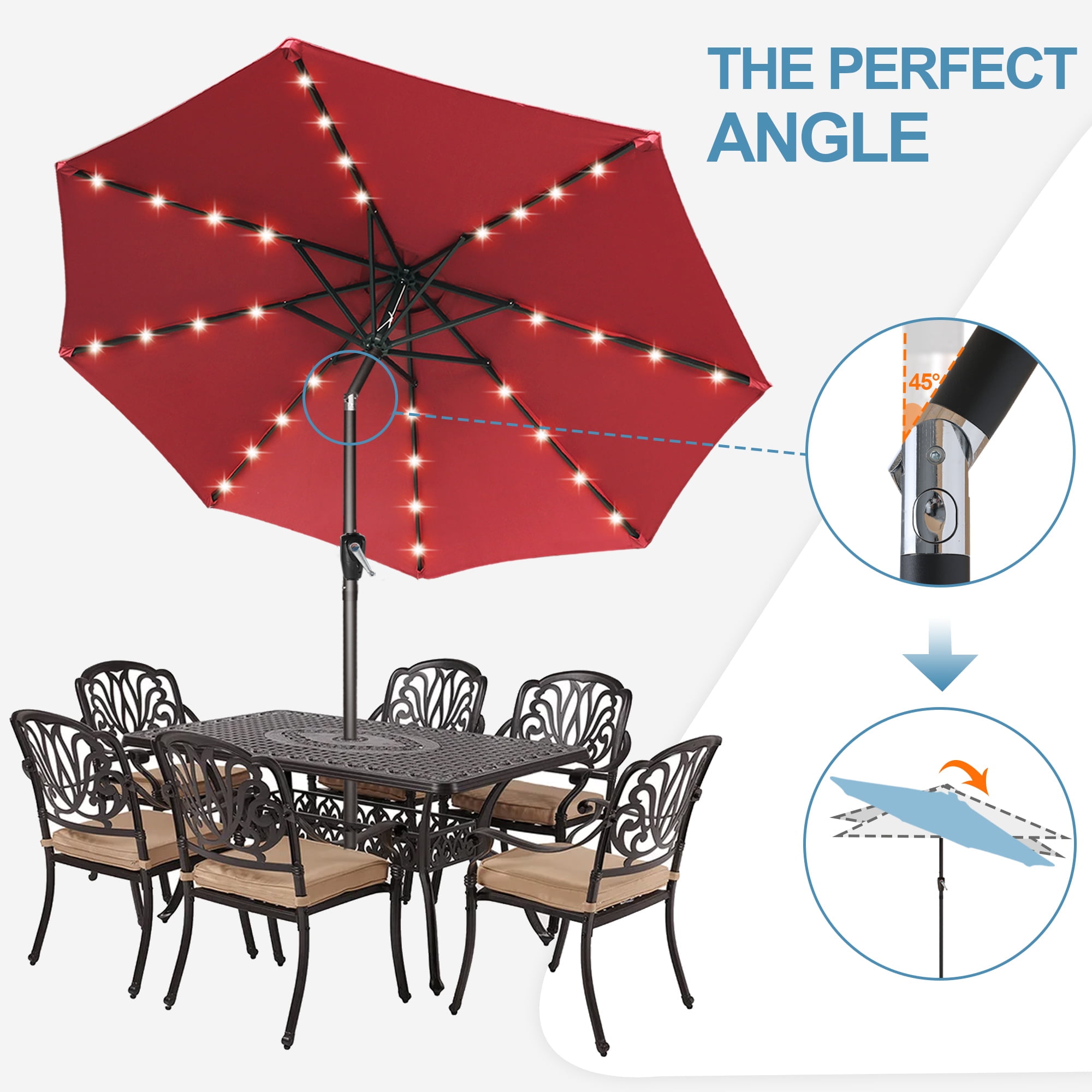 ABCCANOPY 10.5ft Patio Solar Umbrella LED Outdoor Umbrella with Tilt and Crank, Burgundy