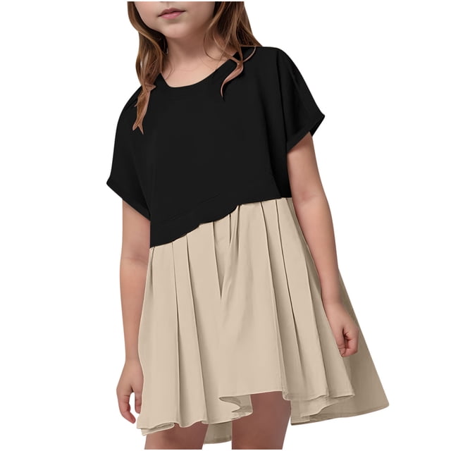 Odeerbi 5-14 Años Niñas Verano Patchwork Plisado Vestido Línea A Playa Boho Mini Sudadera Vestido Niños Color Sólido Manga Corta Vestido Tenis