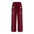 thumbnail image 4 of Moxiu Barrel Sweatpants Women High Waisted Wide Leg Lounge Pants Summer Drawstring Waist Contrast Patchwork Pants w/Pockets Wine,L, 4 of 8