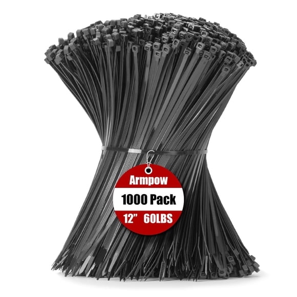 Armpow Attaches à Glissière de 12 Pouces Noires 1000 Pcs, 60 Lb - Résistance à la Traction Robuste, Attaches de Câble en Nylon PA66 Résistantes aux UV pour Usage Intérieur et Extérieur