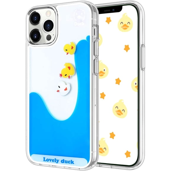 Compatible avec iPhone 12 Pro Max Étui Liquide Sable Mouvant Drôle Mignon Dessin Animé Adorable Duck Cascade Flottante Couverture Protectrice en Silicone Souple 6.7 Pouces