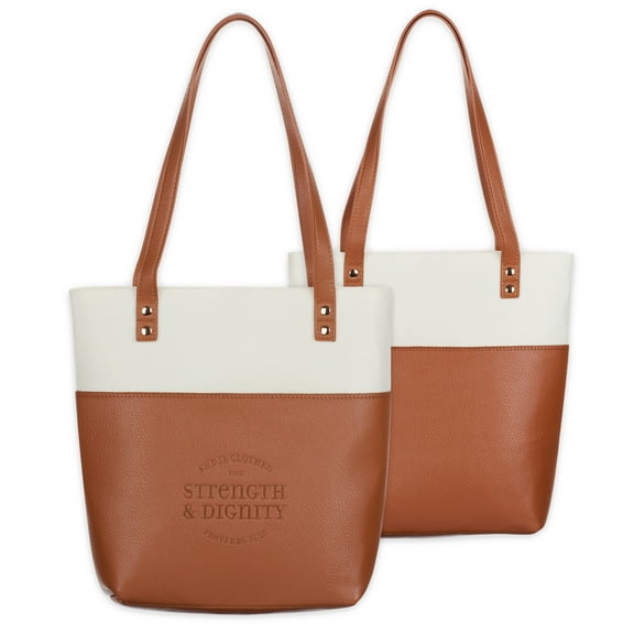 Christian Art Gifts Felt and Faux Leather Fashion Bible Cover Tote Bag - Strength and Dignity - Proverbs 31:25 Inspirational Bible Verse - Light Brown and Cream, One Size