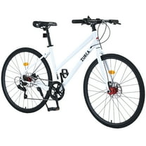 700C Hybrid Road Bike Shimano 7-Speed Adult Bike Steel Frame City Bicycle for Men Women, White