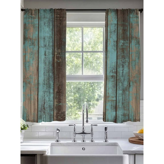 Teal Wood Grain Sheer Curtains for Living Room Bedroom Gradient Farm Old Wooden Board Vintage Sheer Curtains 72 Inch Long 2 Panels Set Light Filtering Curtain Window Treatments Drapes for Dining Room