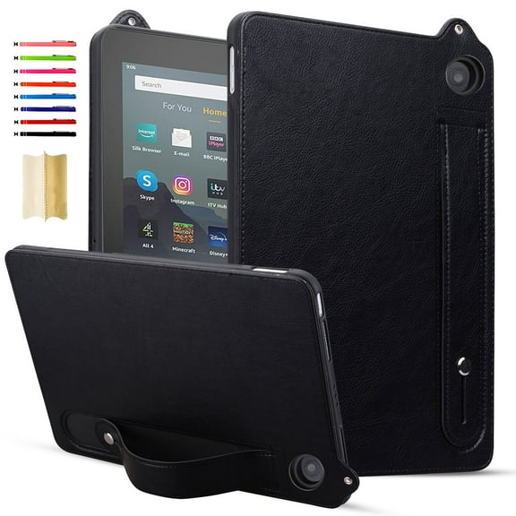 Designed for Amazon Kindle Fire HD8 / HD8 Plus 2020/2022/2024 Premium PU Leather TPU Back Case, Vintage Wristband Kickstand Shockproof Anti-drop Ultra Slim Tablet Cover for Men Women - Black