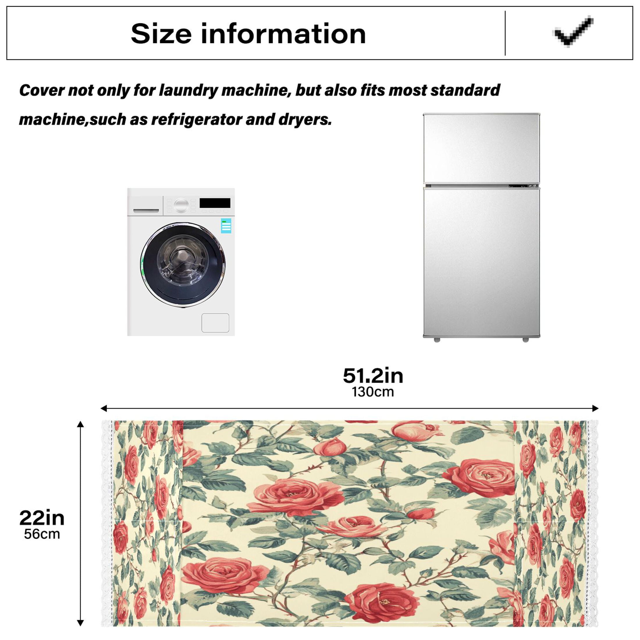 Red RoseWasher and Dryer Covers Dust-Proof and Oil Resistant Fridge Cover with 4 Storage Pockets Washing Machine Top Cover for Laundry Kitchen Home 51.2 x 22 In