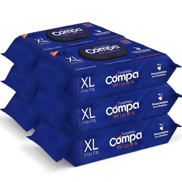 Compa Wipes Toallitas Húmedas para Adulto, 100% Seguras para Desechar por el Inodoro NO Obstruyen el Drenaje, Paquete de 6, 288 Toallitas Tamaño Extra Grande, con Aloe y Vitamina E