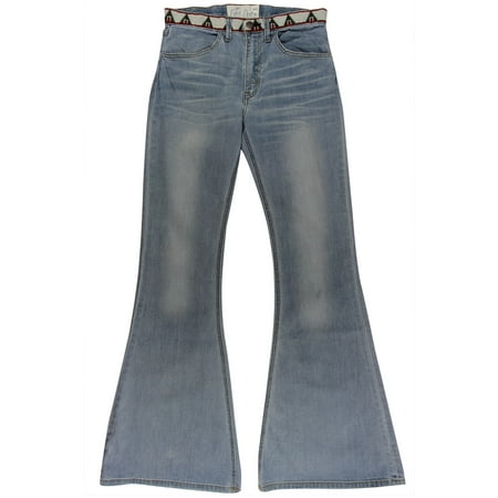 Free People Women's Light Blue Faded Embroidered Waistband Flared Jeans