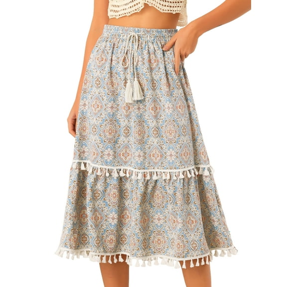 DARING DIVA Women's Elastic Waist Tiered Tassel Fringe Skirt XS Blue