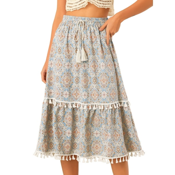 Falda de flecos con borlas escalonadas con cintura elástica y estampado vintage para mujer Azul L