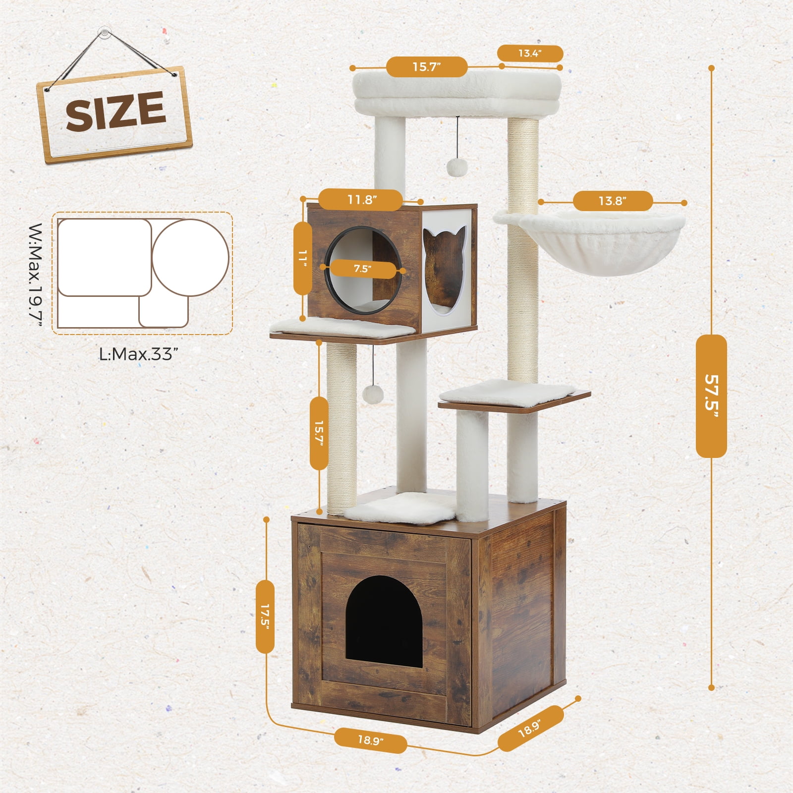 PEQULTI 57.5" Wood Cat Tree with Litter Box Large Cat Tower Indoor with Sisal Scratching Post Brown
