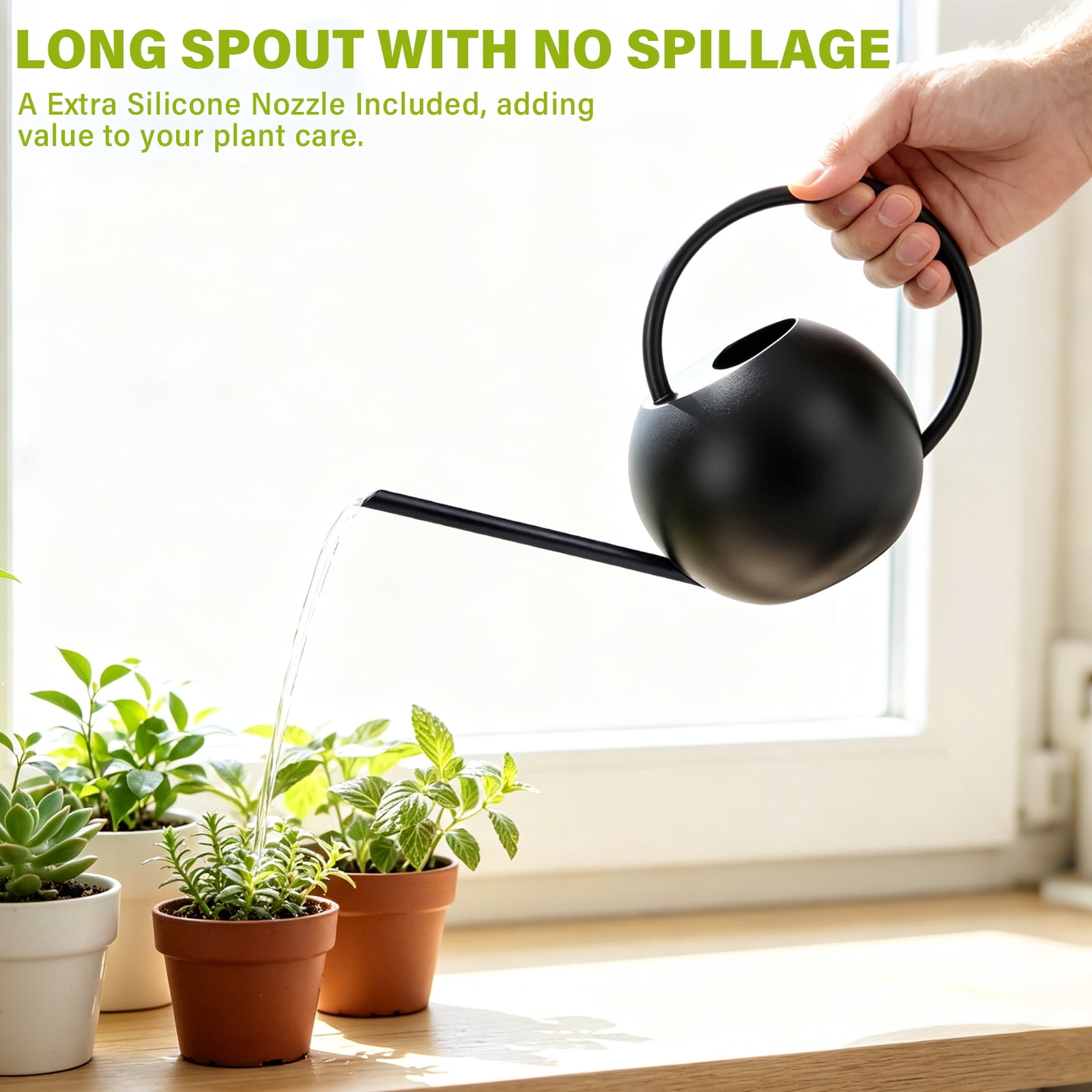 Yoneston Watering Can with Long Spout for Indoor Outdoor Plants, 35oz/1000ml Metal Stainless Steel Pot Removable Spray Spout for House Plants Bonsai Garden Flower, Black