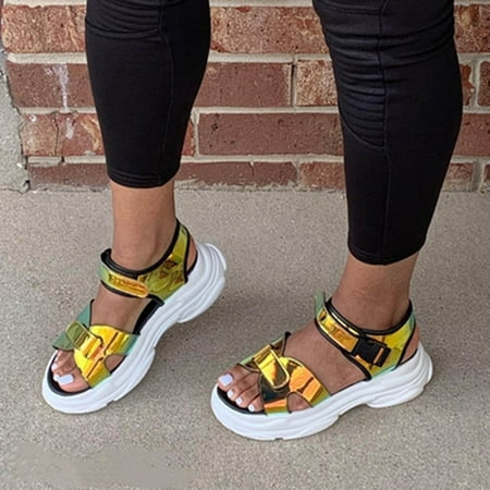 

〖Yilirongyumm〗 Gold 42 Sandals Women Platform Fashion Women s Hook&Loop Sandals Leather Size Large Summer Women s Sandals