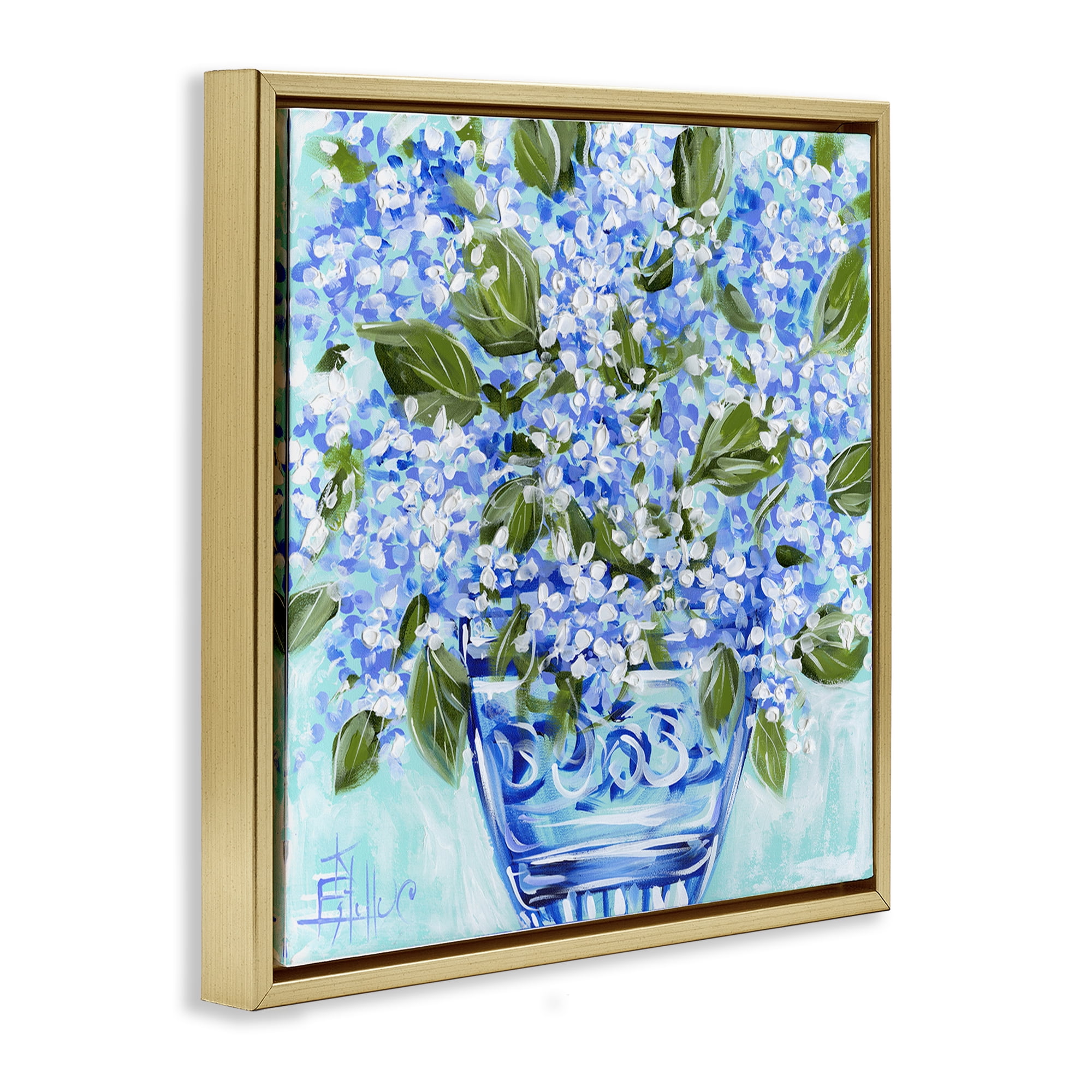 Stupell Industries Cool Bouquets in Blue Vase Gold Framed Floater Canvas Wall Art, design by Estelle Grengs