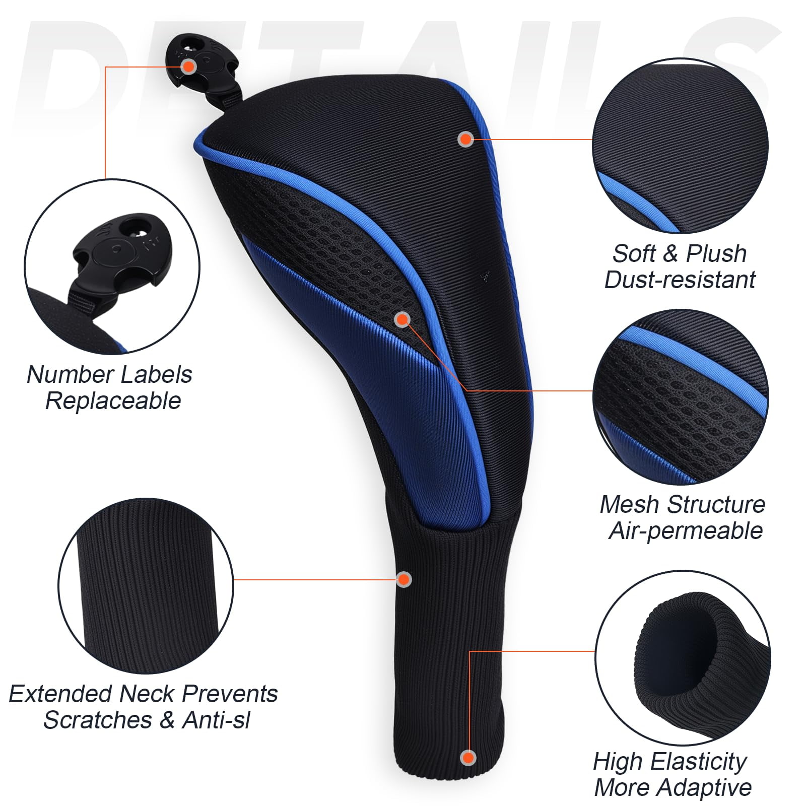 Golf Club Head Covers Set (3 Pieces) for Fairway Woods, Driver, and Hybrids - Long Neck Mesh Design with Interchangeable 3/4/5/6/7/X Number Tags - Golf Accessories for Men and Women