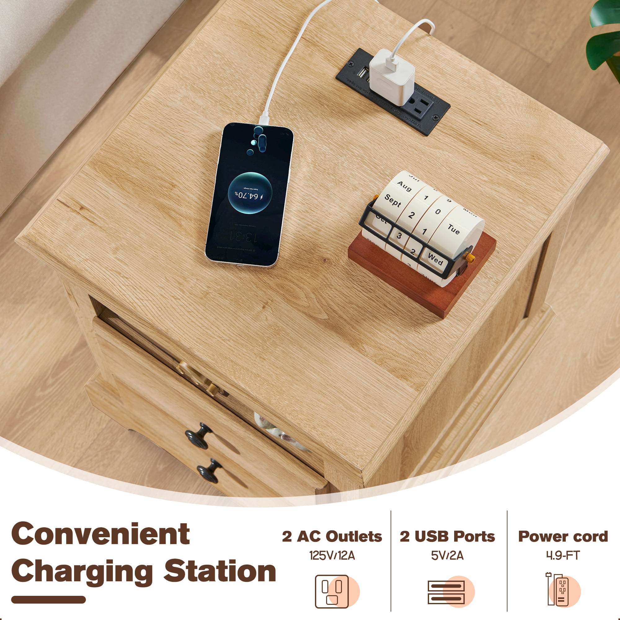 OKD Nightstand with Charging Station, End Table with 2 Drawers, Wood Rustic Bedside Tables with Open Storage Shelf，Natural Oak