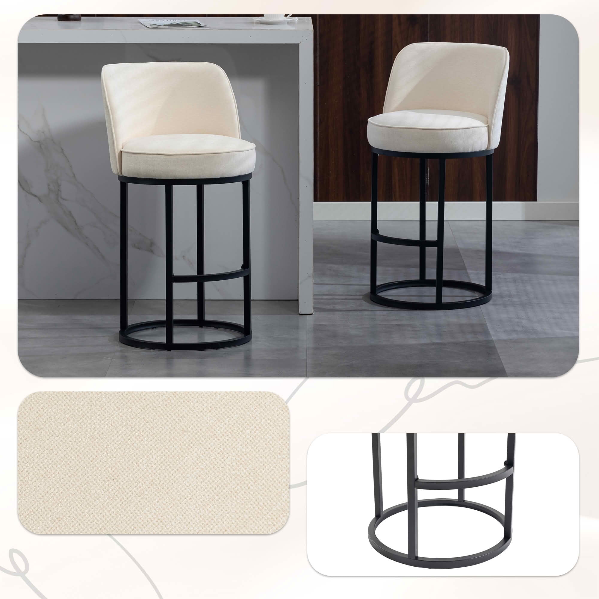 MAYEERTY Counter Height Bar Stools Set of 2, Barrel Back Linen Accent Stools with Footrest for Kitchen, Beige