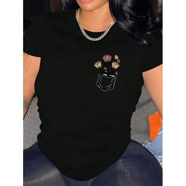 Camiseta De Mujer De Verano Suave Y Ligera Básica Para Llevar DeportesPocket Floral Creative Simple Abstract Pattern Print Women's Fashion Trendy Round Neck Short Sleeve, Simple Casual Sports T-shir