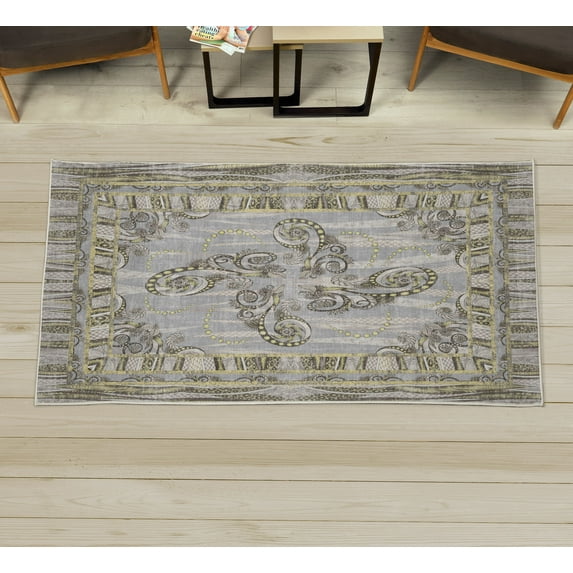 Floral Decorative Rug, Abstract Curls of Botanical Design and Dots Borders Frame with Wavy Forms, Quality Carpet for Bedroom Dorm and Living Room, 6 Sizes, Pale Yellow, by Ambesonne