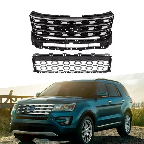 ONEPI Front Grill Lower Grill Kit Silver & Black Compatible with Ford Explorer Base/Limited/Sport/XLT/Platinum 2016 2017 Models