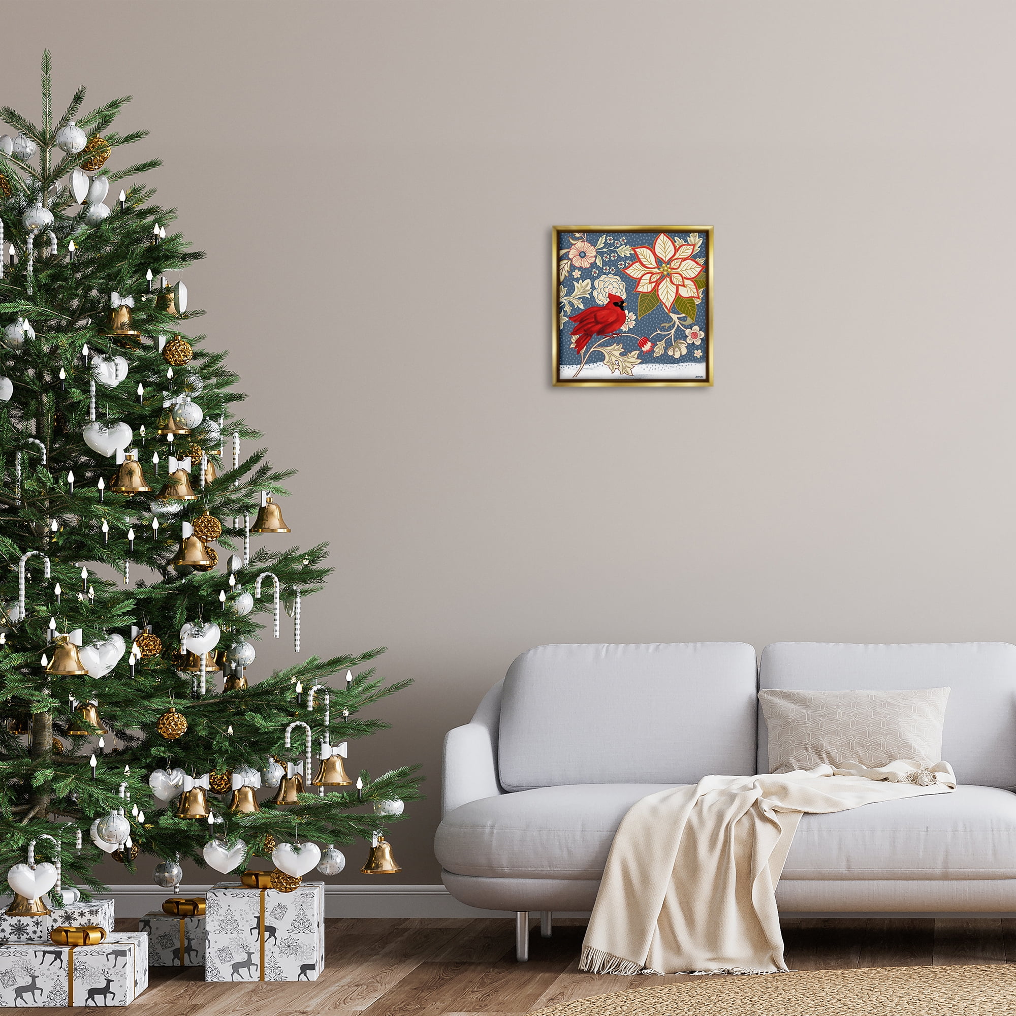 Stupell Industries Winter Cardinal with Flowers Animals & Insects Painting Gold Floater Framed Canvas Art Print Wall Art, 18 x 18