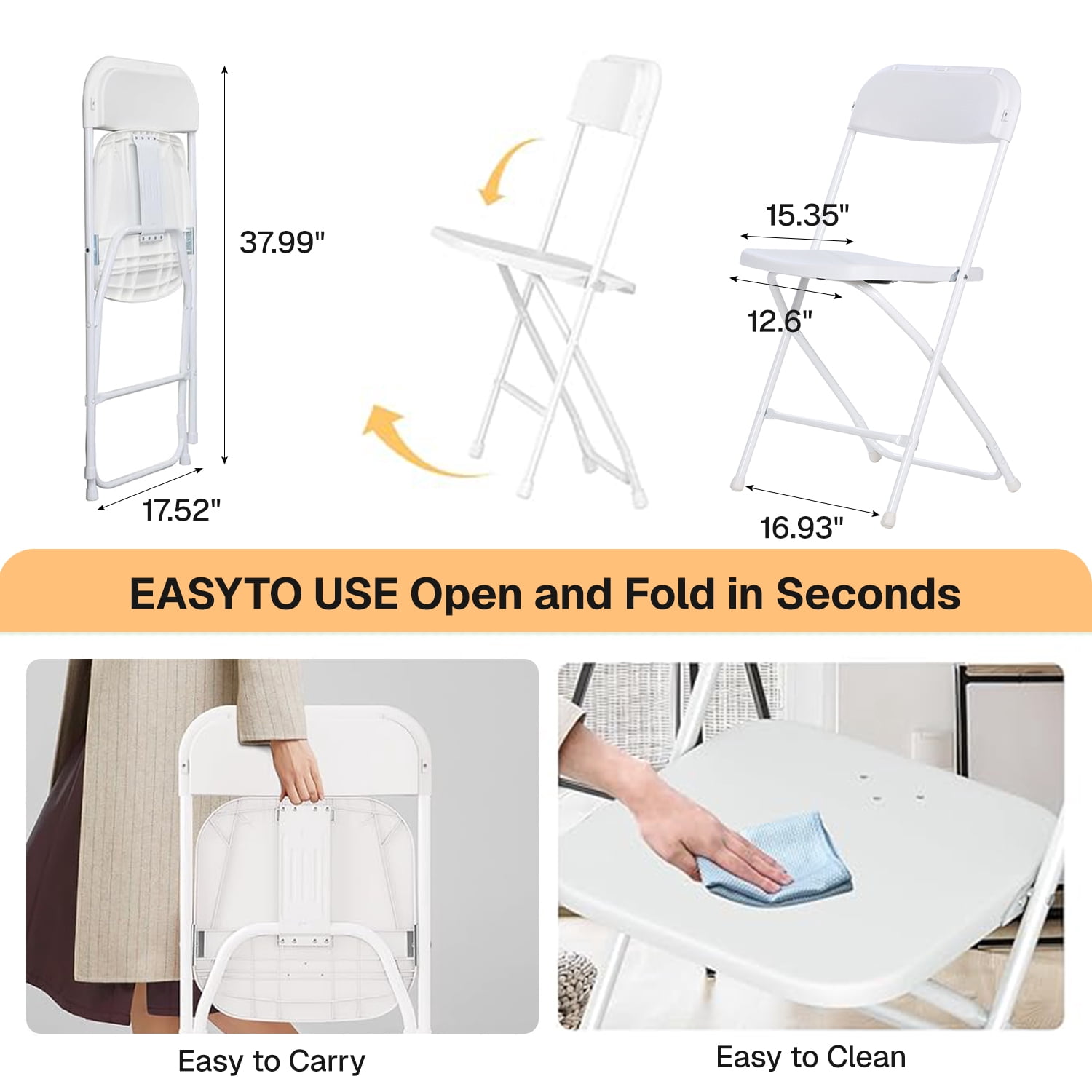 Behome 10 Pack Folding Chairs, Indoor Outdoor Stackable Event Chairs Commercial Seat for Dining, Kitchen,Wedding,Party,Office, 400lbs Capacity,White