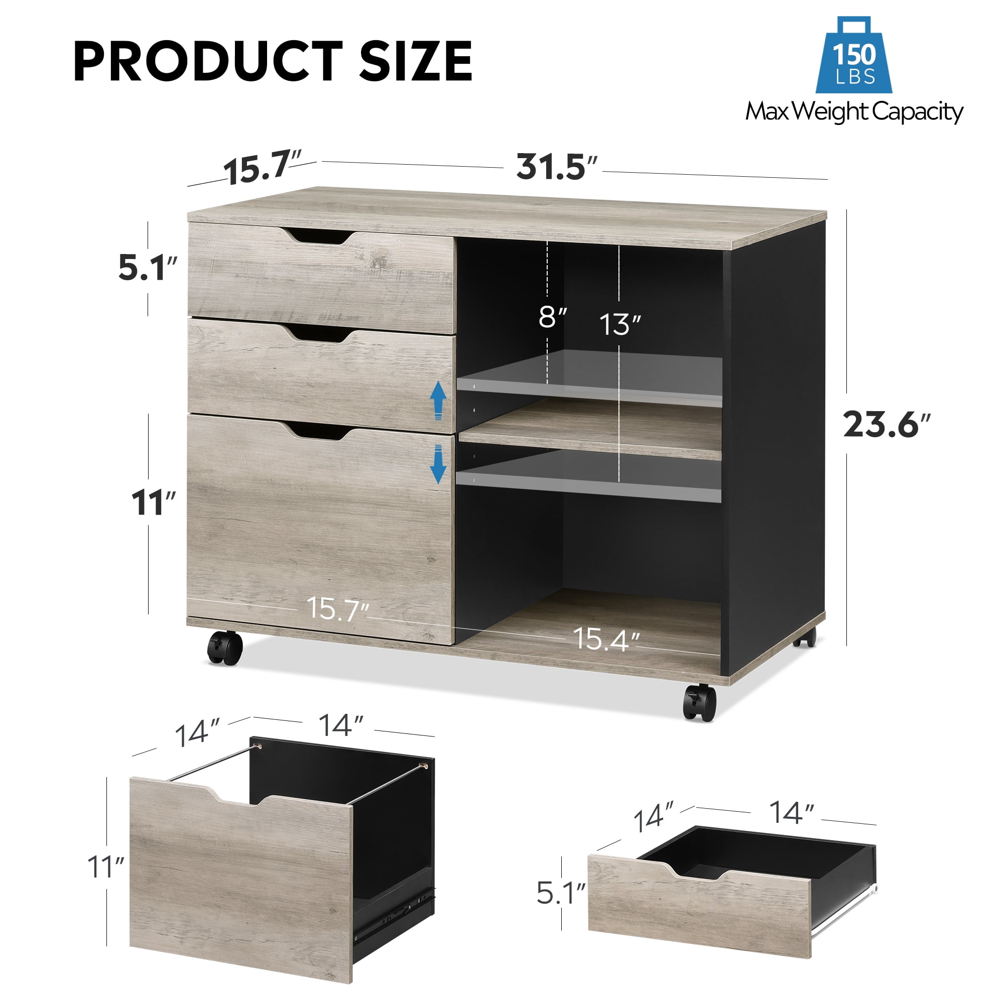 GALAXHERO 3-Drawer Filing Cabinet, Mobile Lateral File Cabinet, Printer Stand with Open Shelves, Wood Office Cabinet,Greige