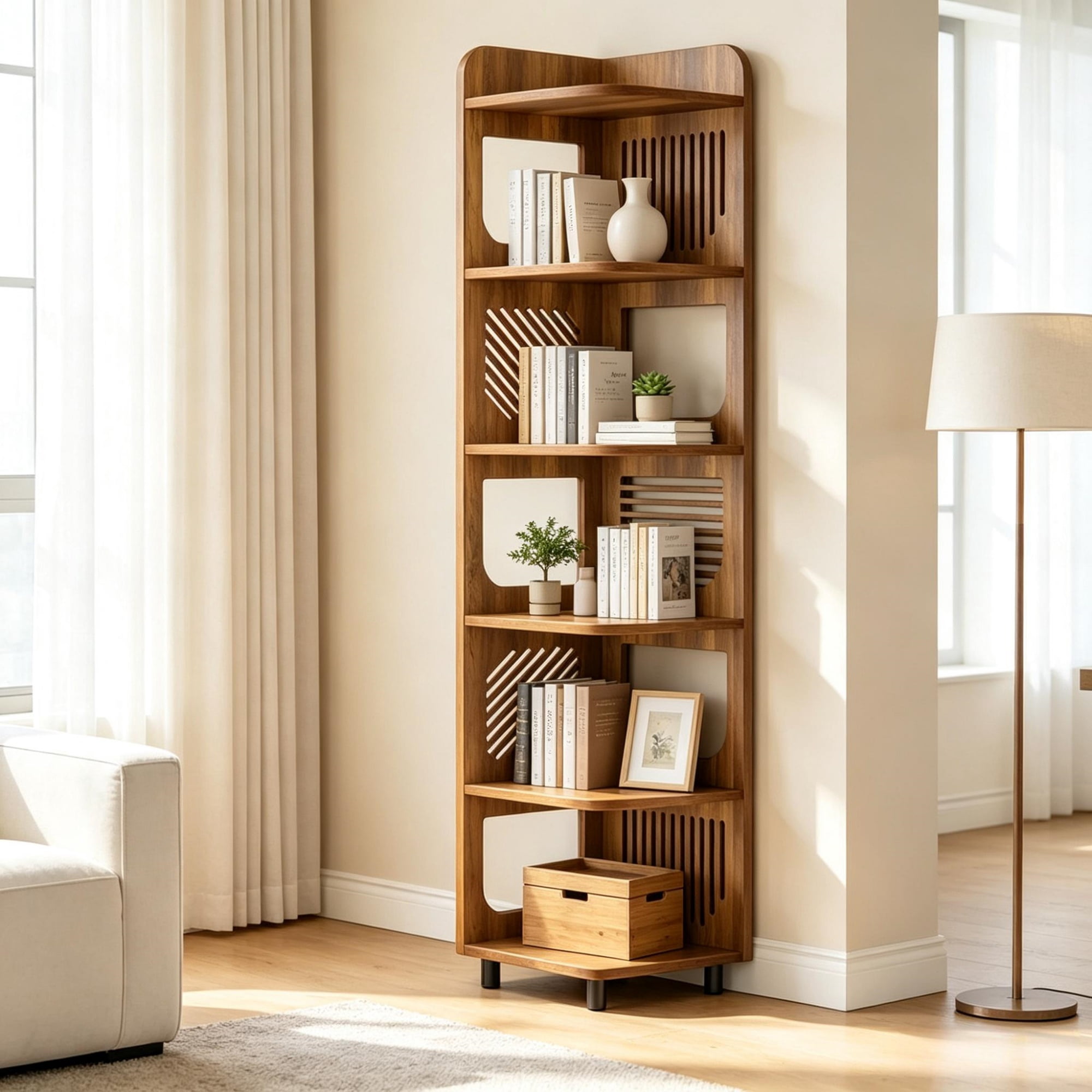 6 Tier Tall Corner Shelf for Small Spaces, Narrow Display Bookcase