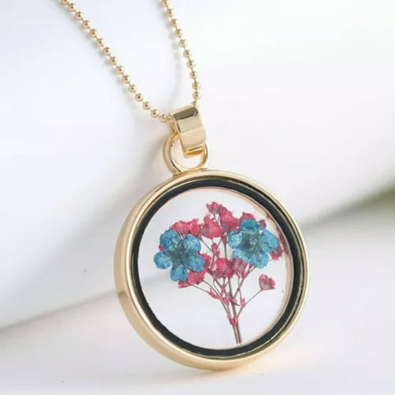 EOEMY Women Circle Dried Flowers Sliver Plated Bead Chain Pendant Necklace Jewelry New-3#Flower