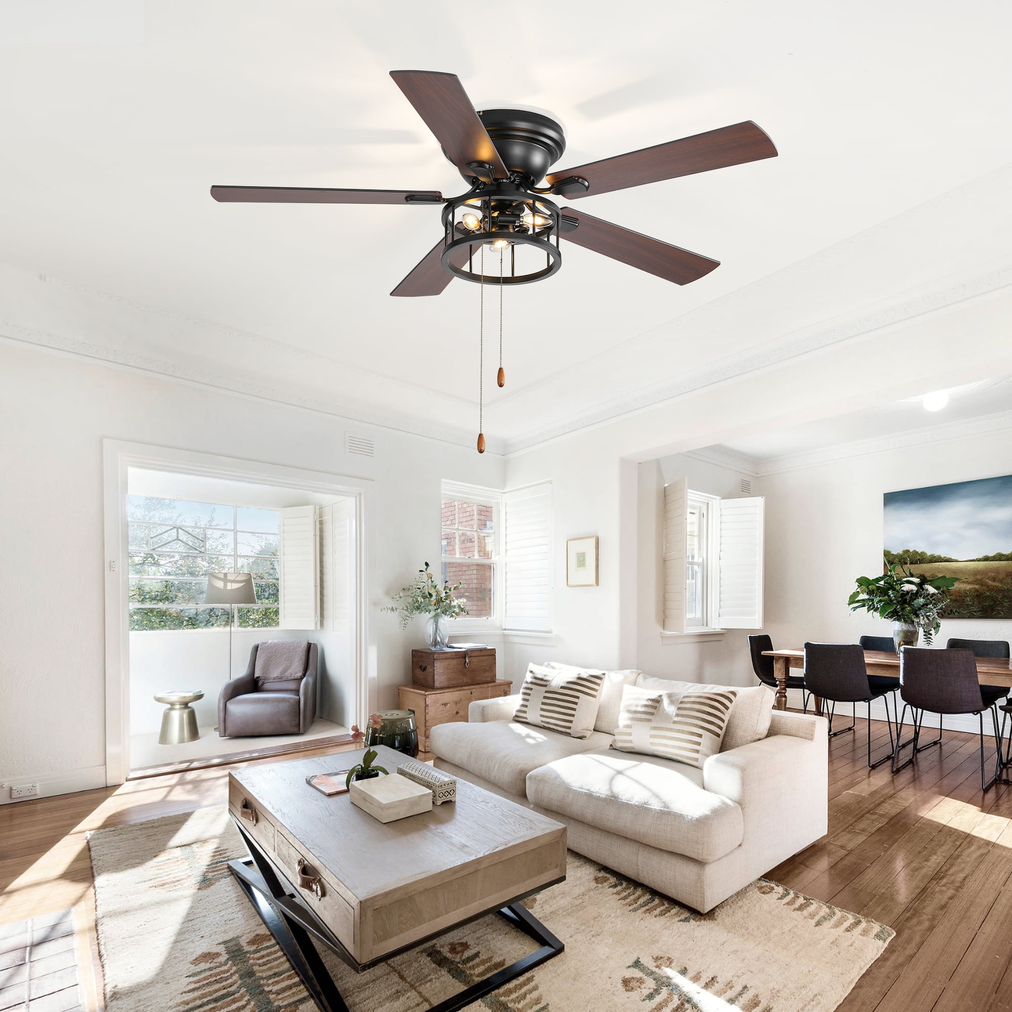 ALKAFY 52-inch Traditional Flush Mount Ceiling Fan with Light, Pull Chain and Classic Plywood Blades for Bedroom, Living Room, Kitchen