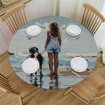 

Sheronv Dog Beach Fun Round Table Cover Stain Resistant Washable Indoor Outdoor Tablecloth Kitchen Dining Wedding Parties 100% Polyester Fiber 38-42