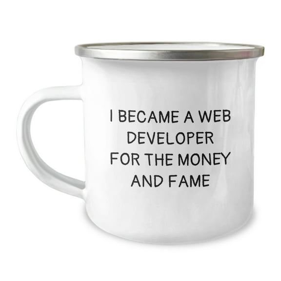 Web Developer's Funny Camping Mug, Gifts from Friends, Birthday Unique Presents for Him, Her, or Coworkers, 'I Became A Web Developer For The Money And Fame' Quote