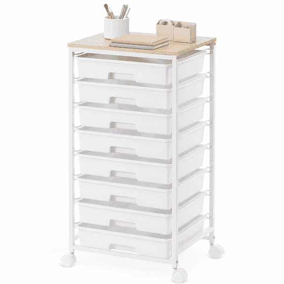 KK KINGRACK Storage Rolling Drawer Cart, Drawer Organizer with 8 Drawers and Wooden Tabletop, Metal & Plastic, White