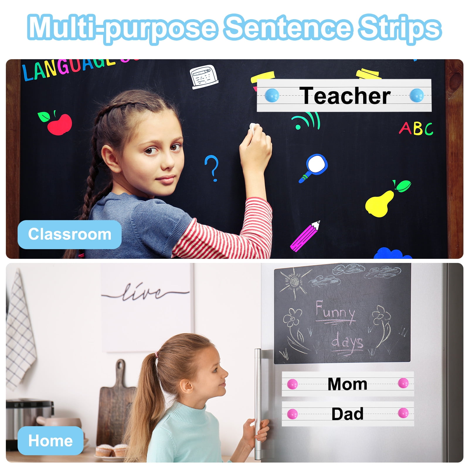 Uxcell 75 Sheets Ruled Sentence Strips, 3" x 24" Cardstock 250GSM Writing Paper Blue Red Lined for Classrooms, White