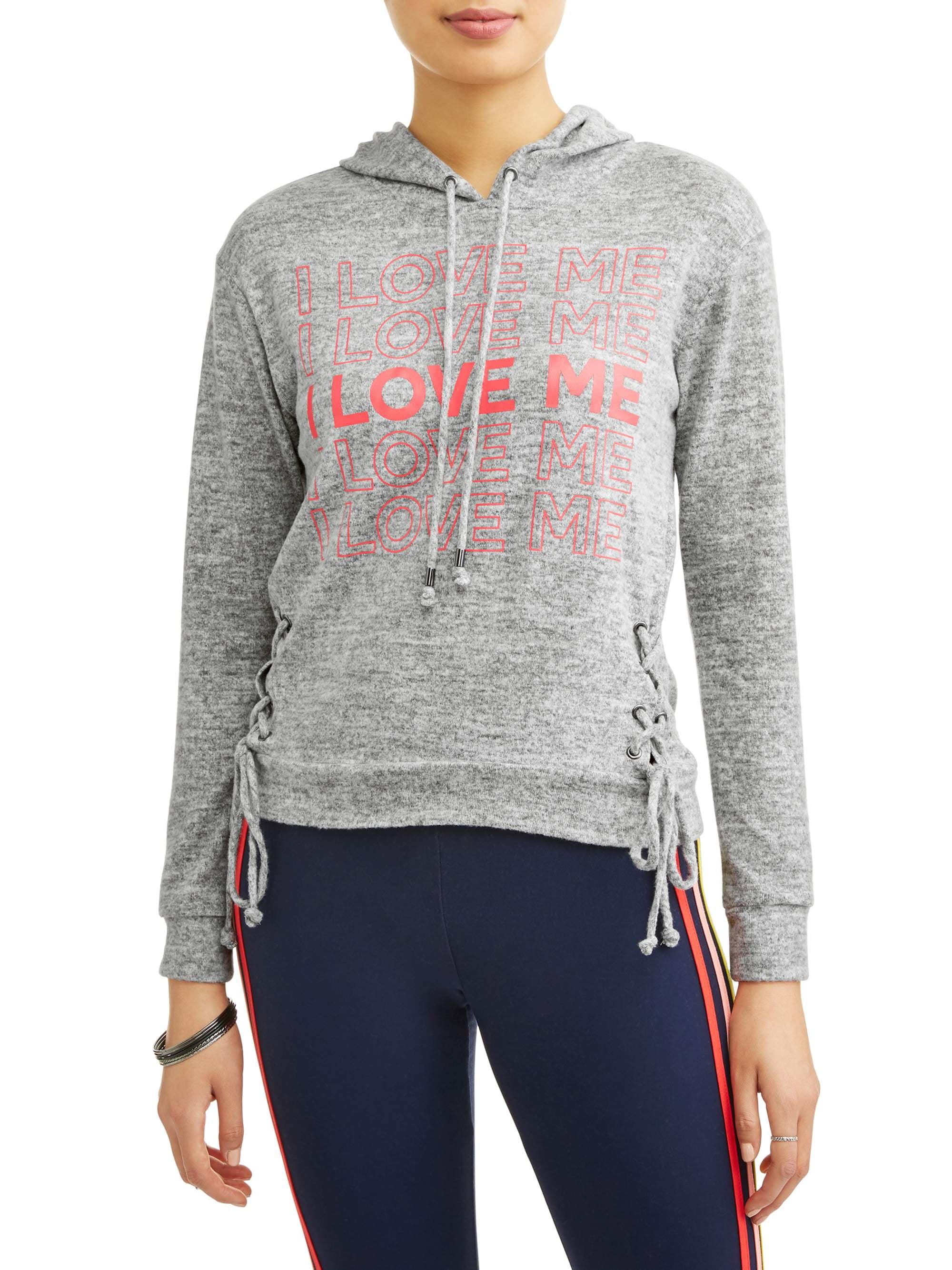 No Boundaries - No Boundaries Juniors' i love me tie front pullover ...