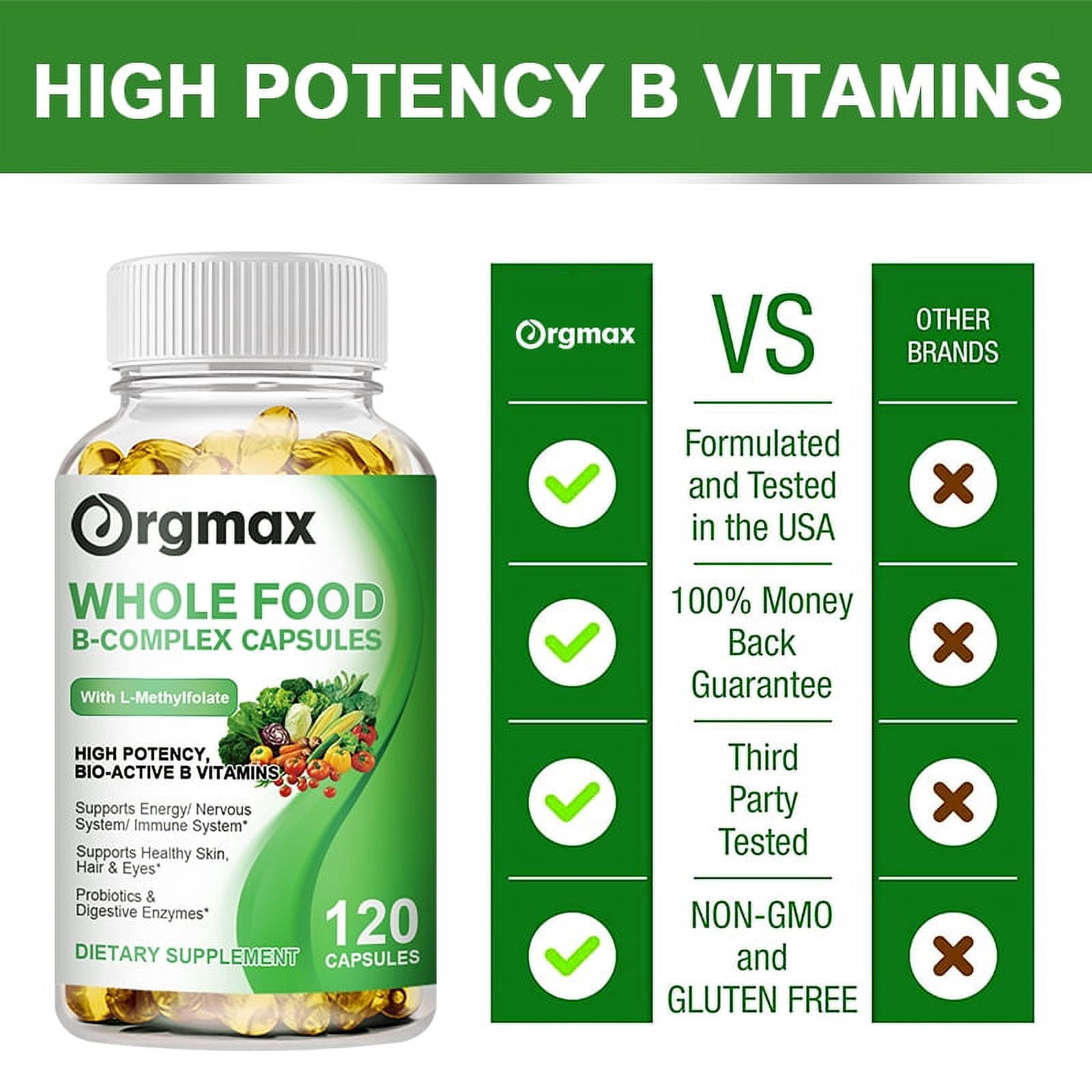 Vitamin B Complex Capsules - B1, B2, B3, B5, B6, B7, B9, B12 - 120 Count