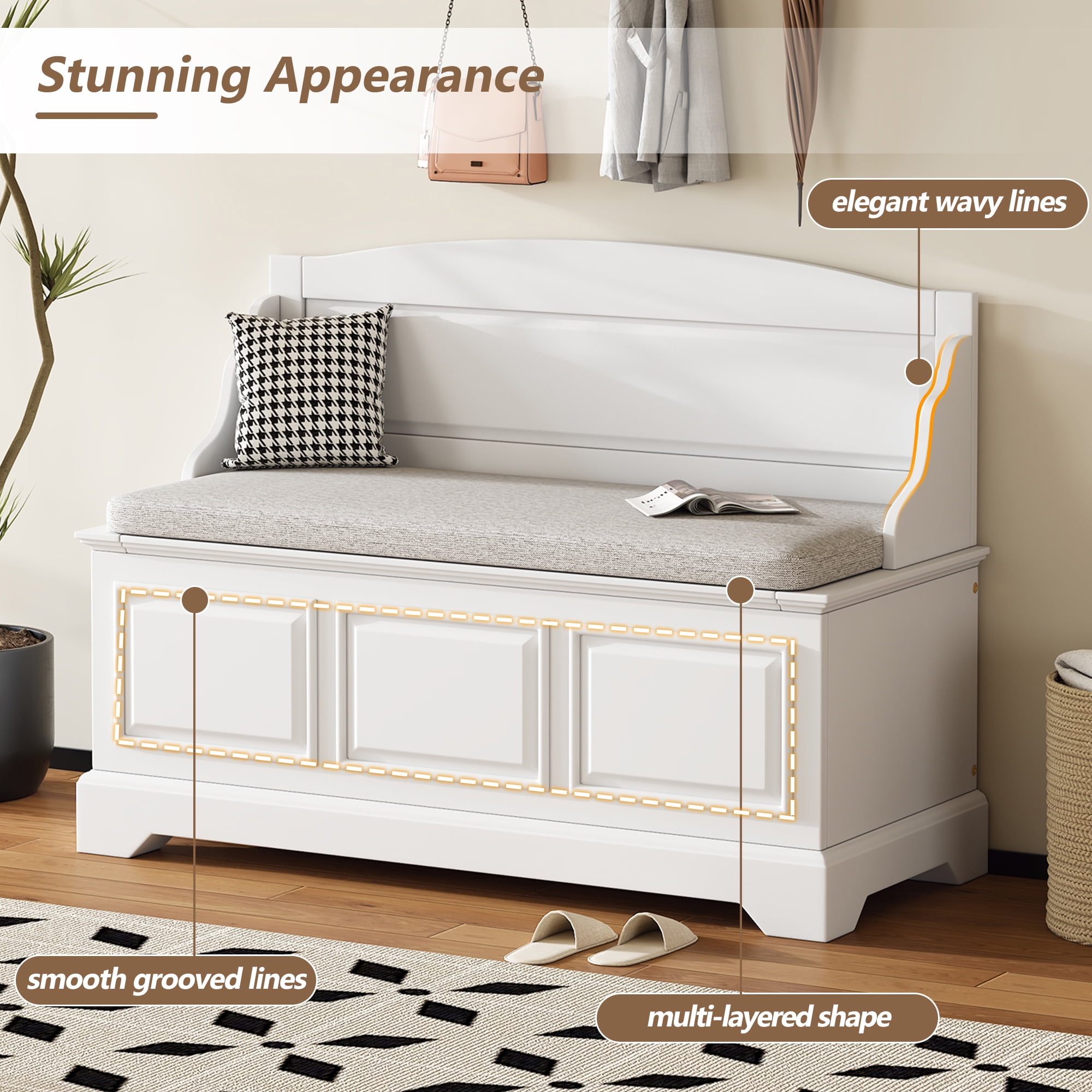 Euroco Vintage Wooden Shoe Storage Bench with Cushion, Carved Panel Design, Lift-Top Compartment, Entryway Seating